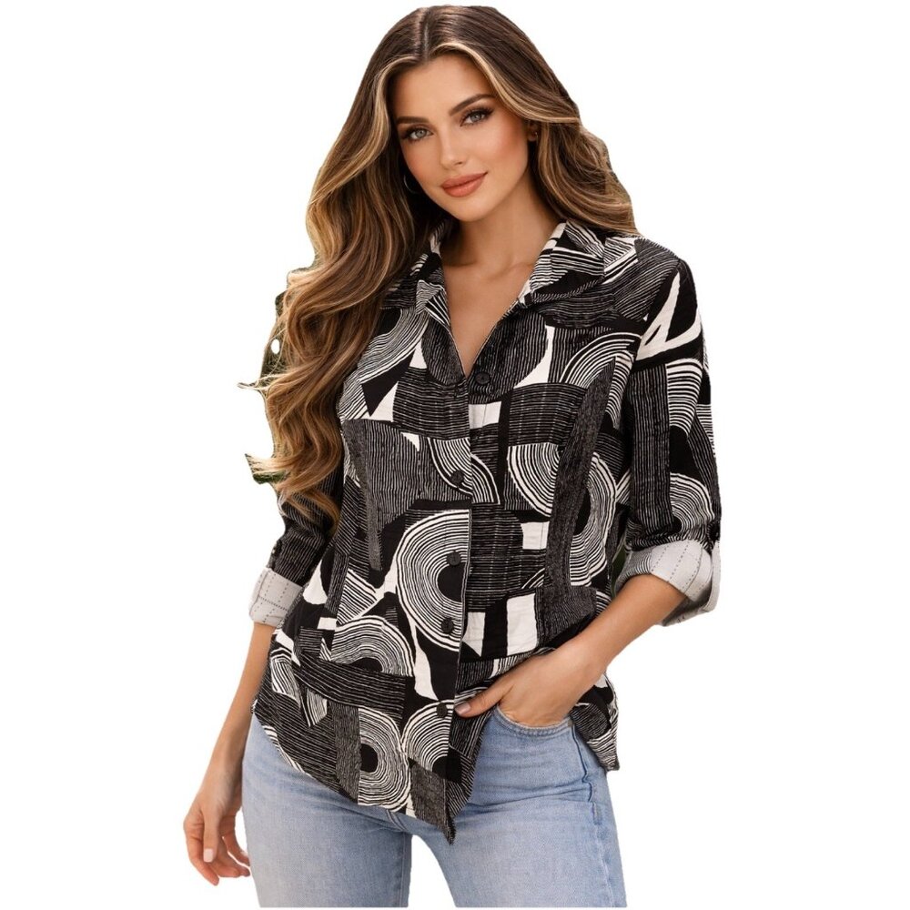 New Joseph Ribkoff Black White Geometric Abstract Artsy Blouse Shirt Jacket